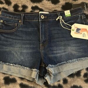 Dark Blue Frayed Hem Denim Shorts